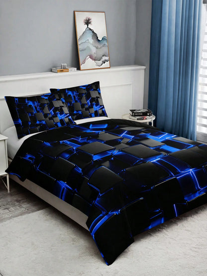 2/3pcs Stylish Blue 3D Cube Geometric Pattern Duvet Cover Set (1 Duvet Cover + 1/2 Pillowcase, Pillow Insert Not Included), High Definition Print For Home & Dorm