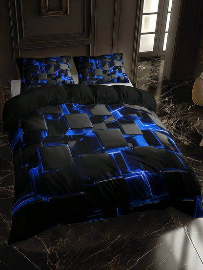 2/3pcs Stylish Blue 3D Cube Geometric Pattern Duvet Cover Set (1 Duvet Cover + 1/2 Pillowcase, Pillow Insert Not Included), High Definition Print For Home & Dorm