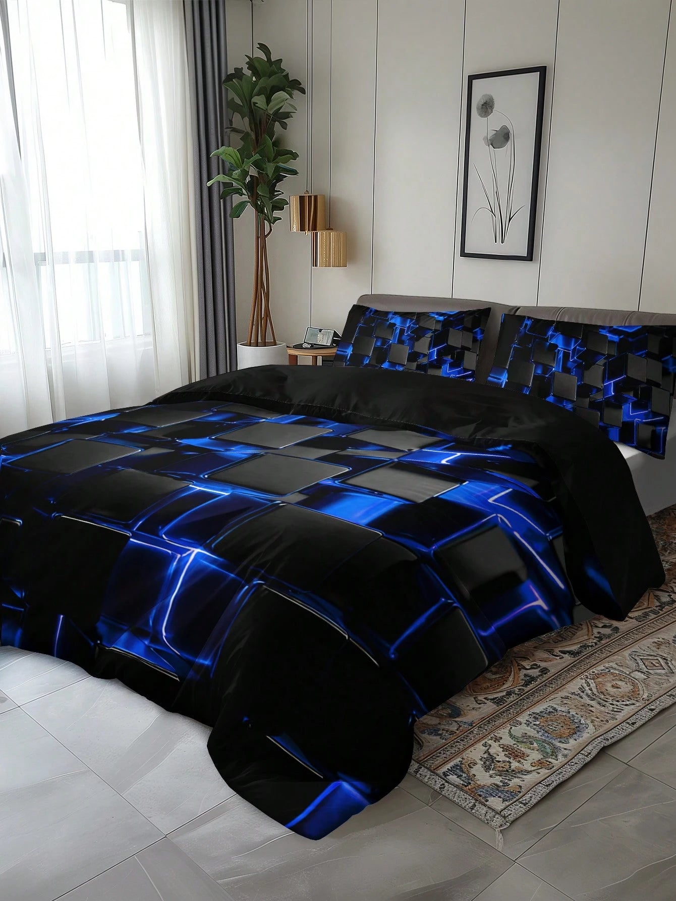 2/3pcs Stylish Blue 3D Cube Geometric Pattern Duvet Cover Set (1 Duvet Cover + 1/2 Pillowcase, Pillow Insert Not Included), High Definition Print For Home & Dorm