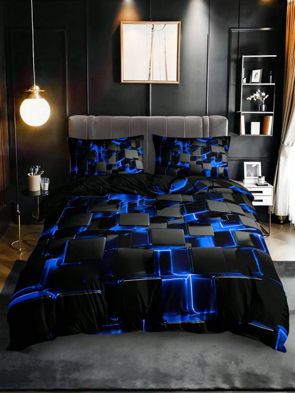 2/3pcs Stylish Blue 3D Cube Geometric Pattern Duvet Cover Set (1 Duvet Cover + 1/2 Pillowcase, Pillow Insert Not Included), High Definition Print For Home & Dorm
