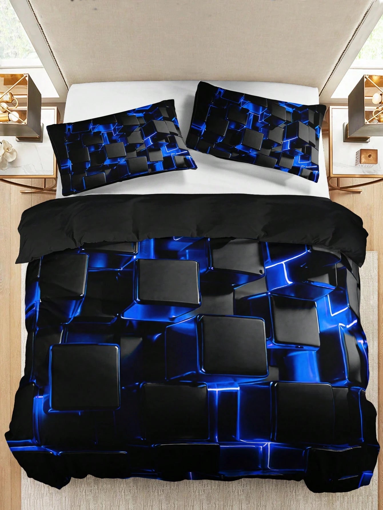 2/3pcs Stylish Blue 3D Cube Geometric Pattern Duvet Cover Set (1 Duvet Cover + 1/2 Pillowcase, Pillow Insert Not Included), High Definition Print For Home & Dorm