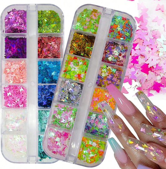 2 Box Buterfly Chunky Glitter Nail Sequins Iridescent Mixed Color Butterfly Nail Glitters Flakes Sparkles Manicure DIY Stickers Decor. (Butterfly)
