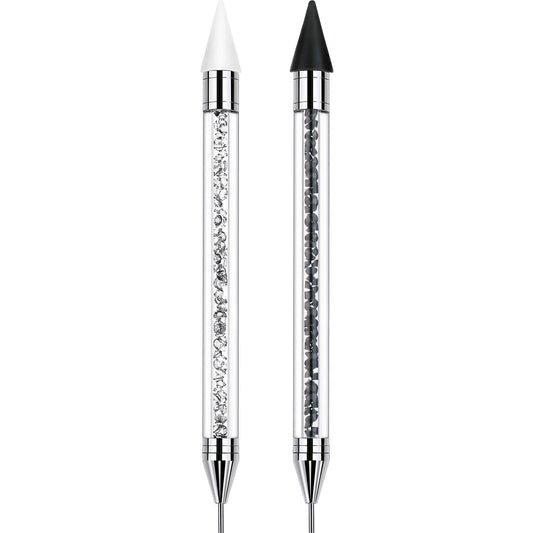 2-In-1 Rhinestone Dotting Pen, Double-Ended Crystal Rhinestone Dotting Stylus Wax Crayon With Crystal Handle For Nail Art DIY Decoration (Black & White)