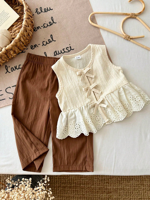 2 Pcs Baby Girl Toddler/New Born 0-3 Years Spring/Summer Casual Sweet Daily Vacation Striped Woven Sleeveless Tank Top Shirt Wide Leg Pants 2-Piece Set, Baby Girl 0-3 Years Summer&Autumn Casual