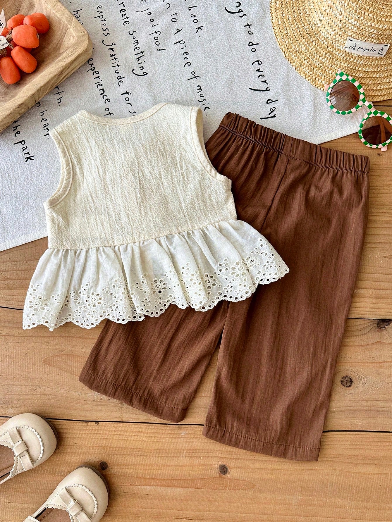 2 Pcs Baby Girl Toddler/New Born 0-3 Years Spring/Summer Casual Sweet Daily Vacation Striped Woven Sleeveless Tank Top Shirt Wide Leg Pants 2-Piece Set, Baby Girl 0-3 Years Summer&Autumn Casual
