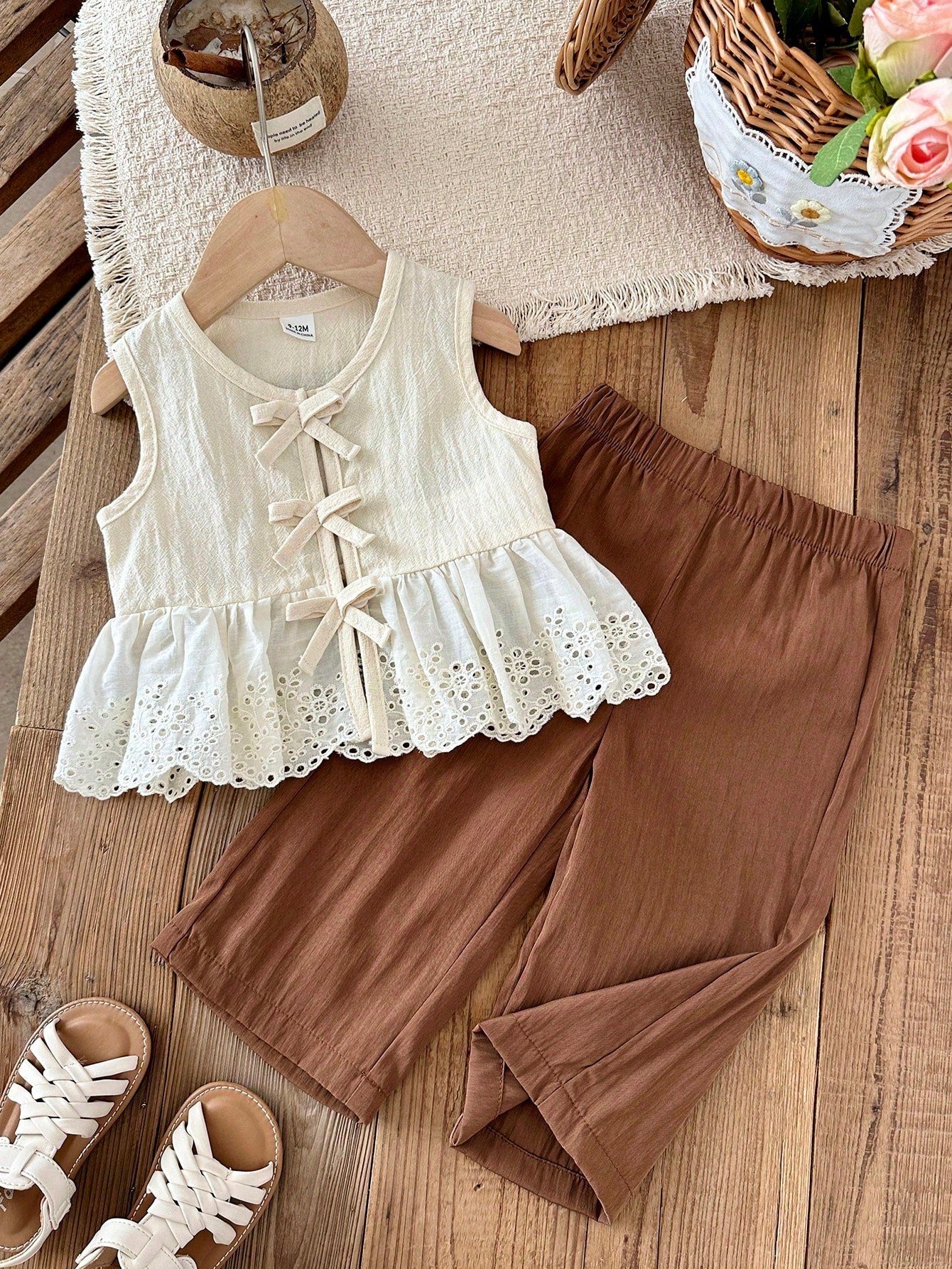 2 Pcs Baby Girl Toddler/New Born 0-3 Years Spring/Summer Casual Sweet Daily Vacation Striped Woven Sleeveless Tank Top Shirt Wide Leg Pants 2-Piece Set, Baby Girl 0-3 Years Summer&Autumn Casual