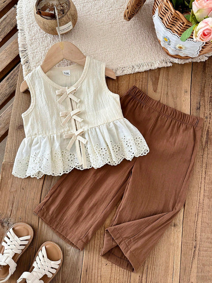2 Pcs Baby Girl Toddler/New Born 0-3 Years Spring/Summer Casual Sweet Daily Vacation Striped Woven Sleeveless Tank Top Shirt Wide Leg Pants 2-Piece Set, Baby Girl 0-3 Years Summer&Autumn Casual