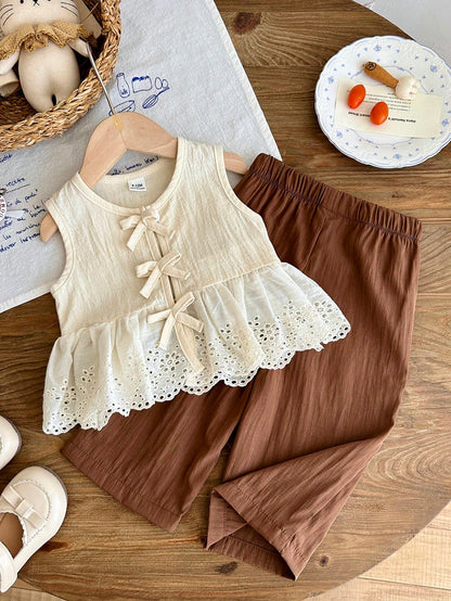 2 Pcs Baby Girl Toddler/New Born 0-3 Years Spring/Summer Casual Sweet Daily Vacation Striped Woven Sleeveless Tank Top Shirt Wide Leg Pants 2-Piece Set, Baby Girl 0-3 Years Summer&Autumn Casual