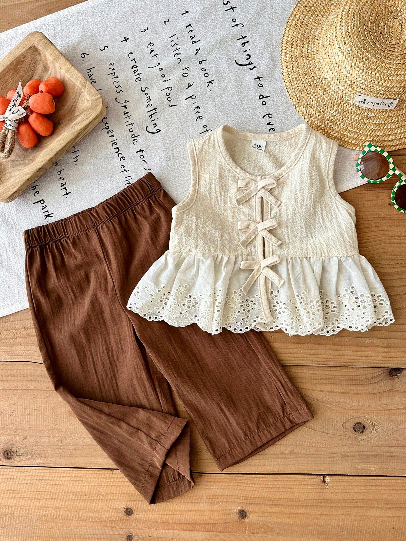 2 Pcs Baby Girl Toddler/New Born 0-3 Years Spring/Summer Casual Sweet Daily Vacation Striped Woven Sleeveless Tank Top Shirt Wide Leg Pants 2-Piece Set, Baby Girl 0-3 Years Summer&Autumn Casual