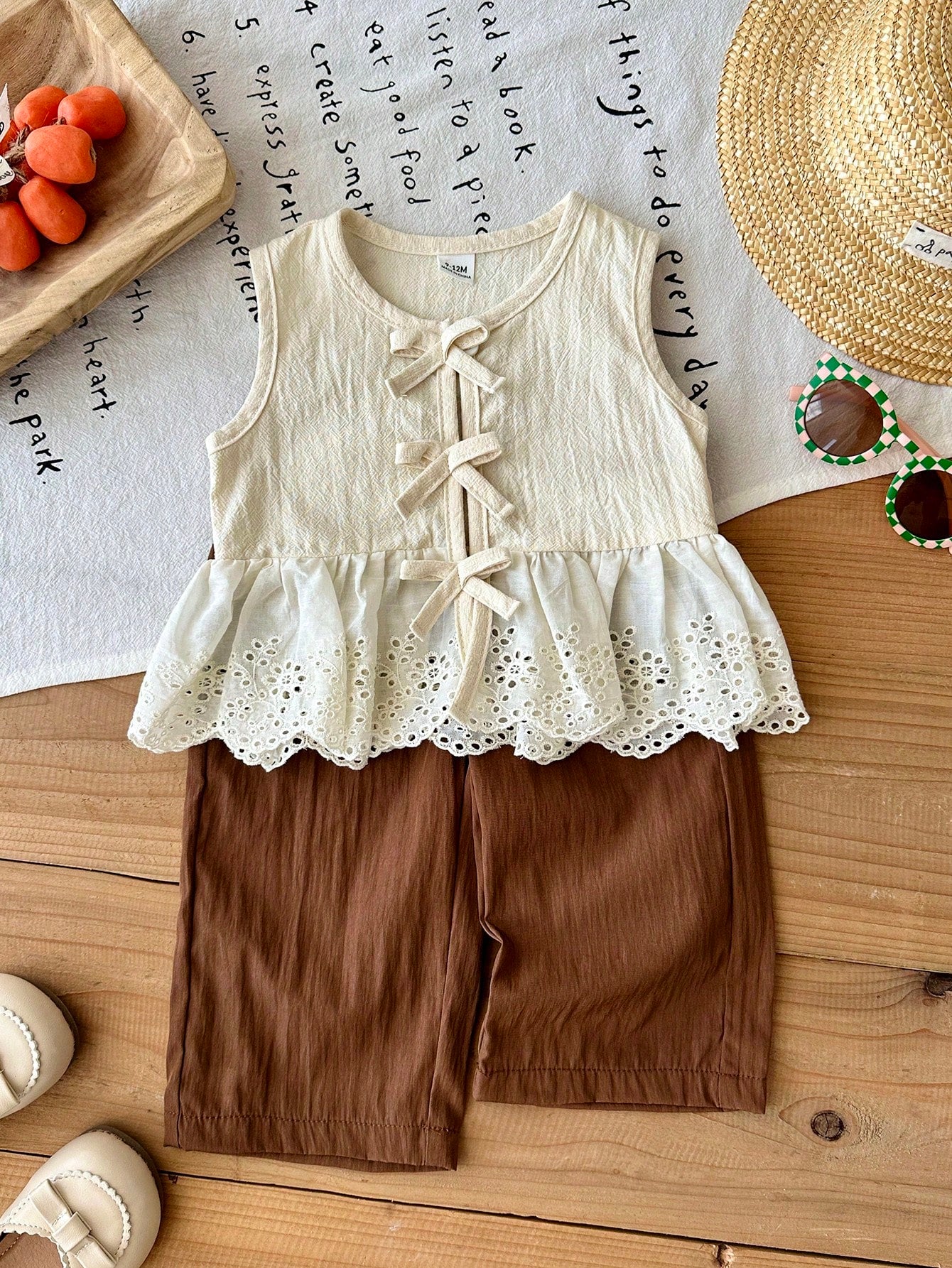 2 Pcs Baby Girl Toddler/New Born 0-3 Years Spring/Summer Casual Sweet Daily Vacation Striped Woven Sleeveless Tank Top Shirt Wide Leg Pants 2-Piece Set, Baby Girl 0-3 Years Summer&Autumn Casual
