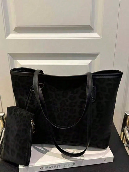 2 Pcs Women's Large Capacity Leopard Print Handbags, Fashionable Retro PU Shoulder Bags, Suitable For Female College Students, Beginners And Office Ladies, Can Be Used For Office, University, Work, Bu