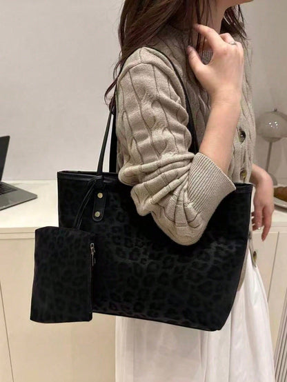 2 Pcs Women's Large Capacity Leopard Print Handbags, Fashionable Retro PU Shoulder Bags, Suitable For Female College Students, Beginners And Office Ladies, Can Be Used For Office, University, Work, Bu