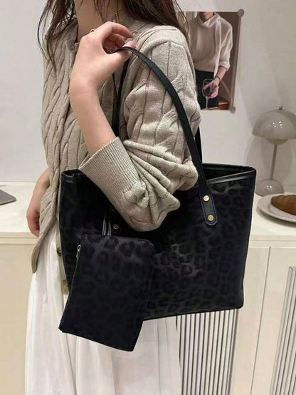 2 Pcs Women's Large Capacity Leopard Print Handbags, Fashionable Retro PU Shoulder Bags, Suitable For Female College Students, Beginners And Office Ladies, Can Be Used For Office, University, Work, Bu