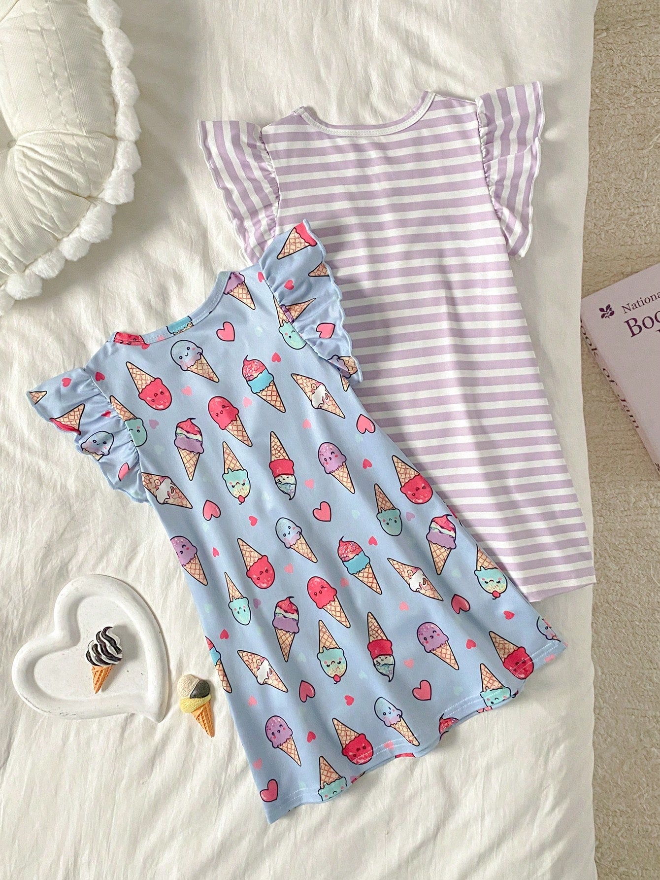 2-Piece Baby Girls Toddler Summer Light Blue Cute Cartoon Ice Cream & Purple Striped Nightgown Set,Short Flutter Sleeve Holiday Sleepwear Loungewear