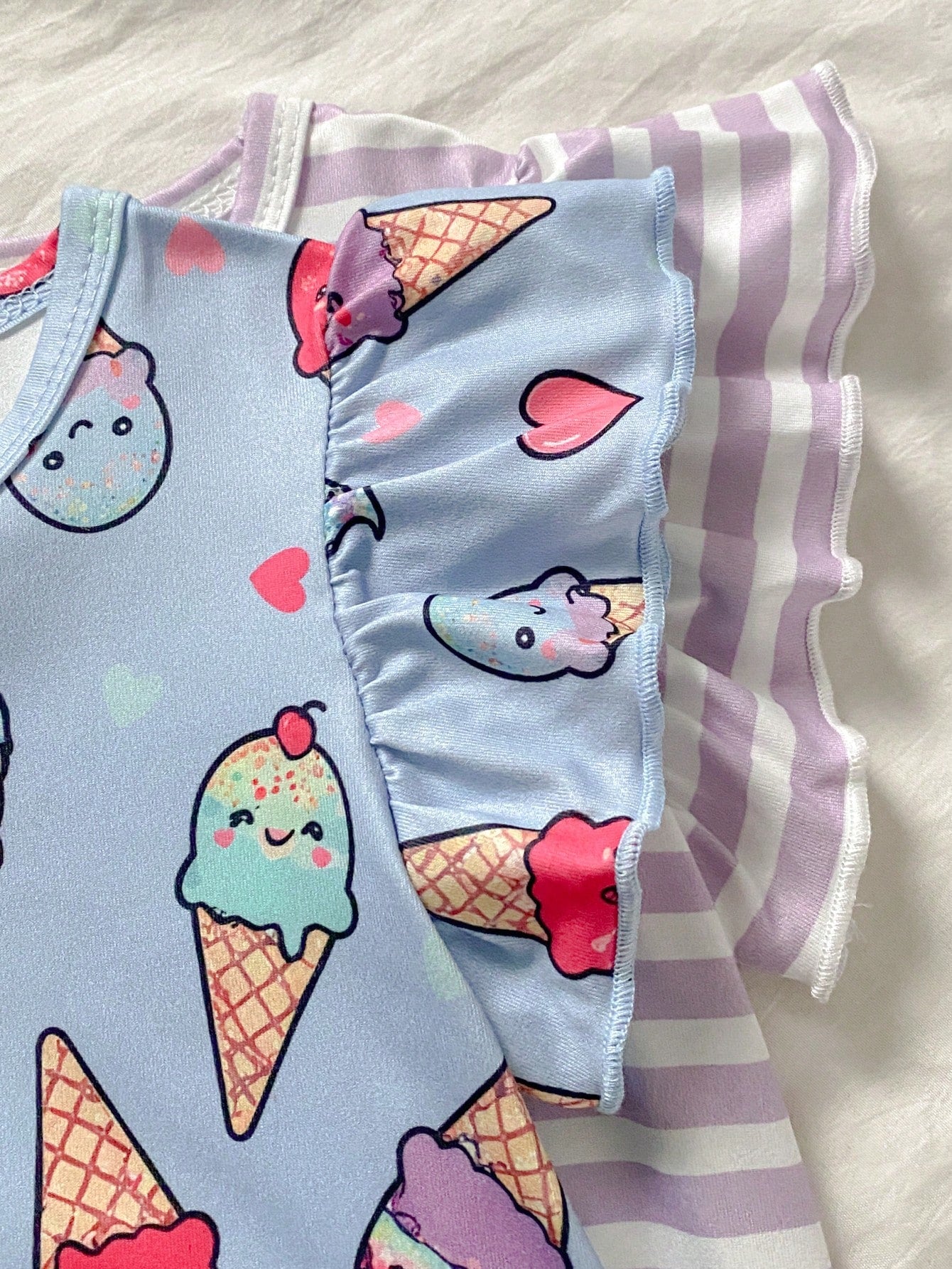 2-Piece Baby Girls Toddler Summer Light Blue Cute Cartoon Ice Cream & Purple Striped Nightgown Set,Short Flutter Sleeve Holiday Sleepwear Loungewear