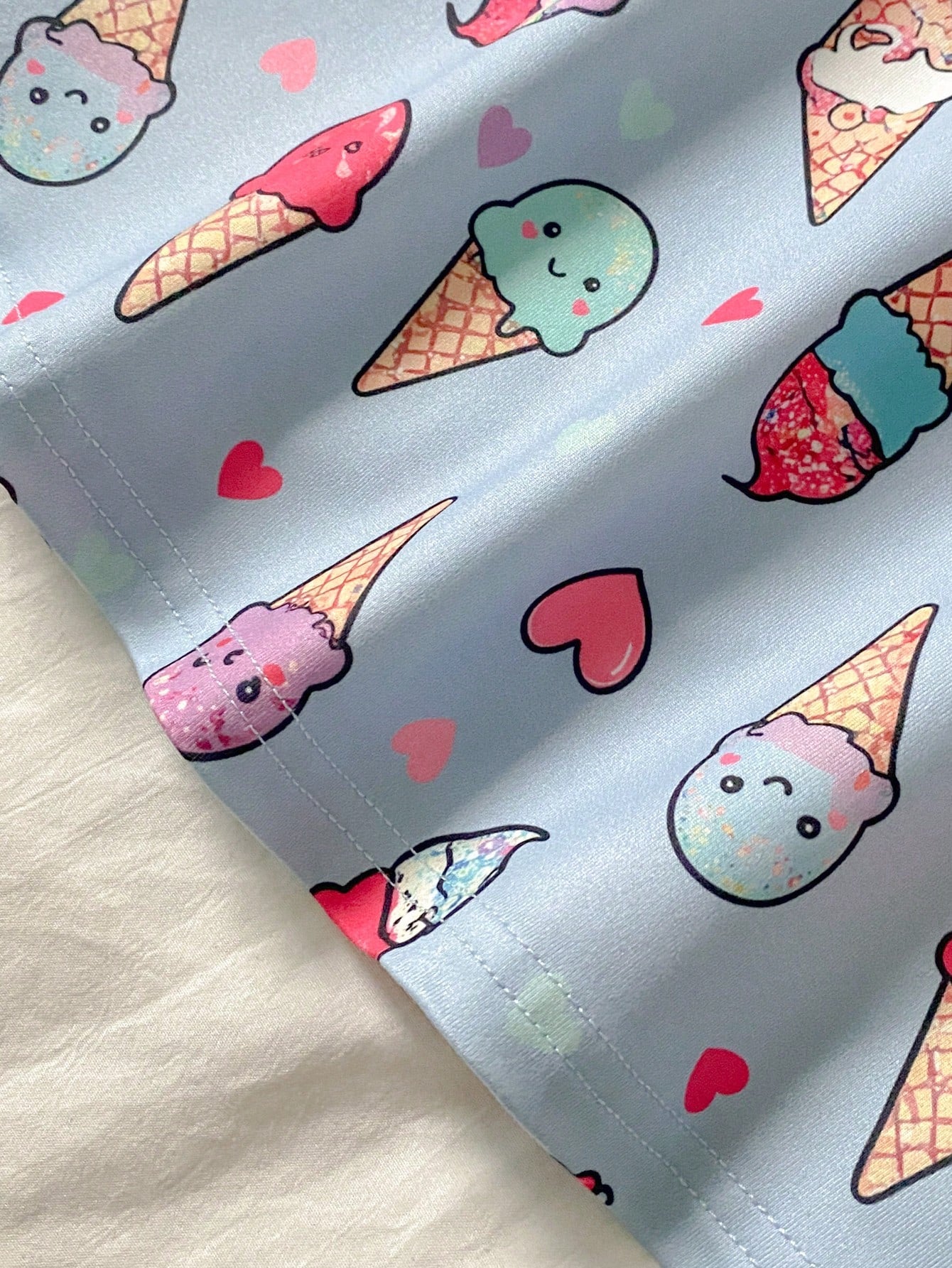 2-Piece Baby Girls Toddler Summer Light Blue Cute Cartoon Ice Cream & Purple Striped Nightgown Set,Short Flutter Sleeve Holiday Sleepwear Loungewear
