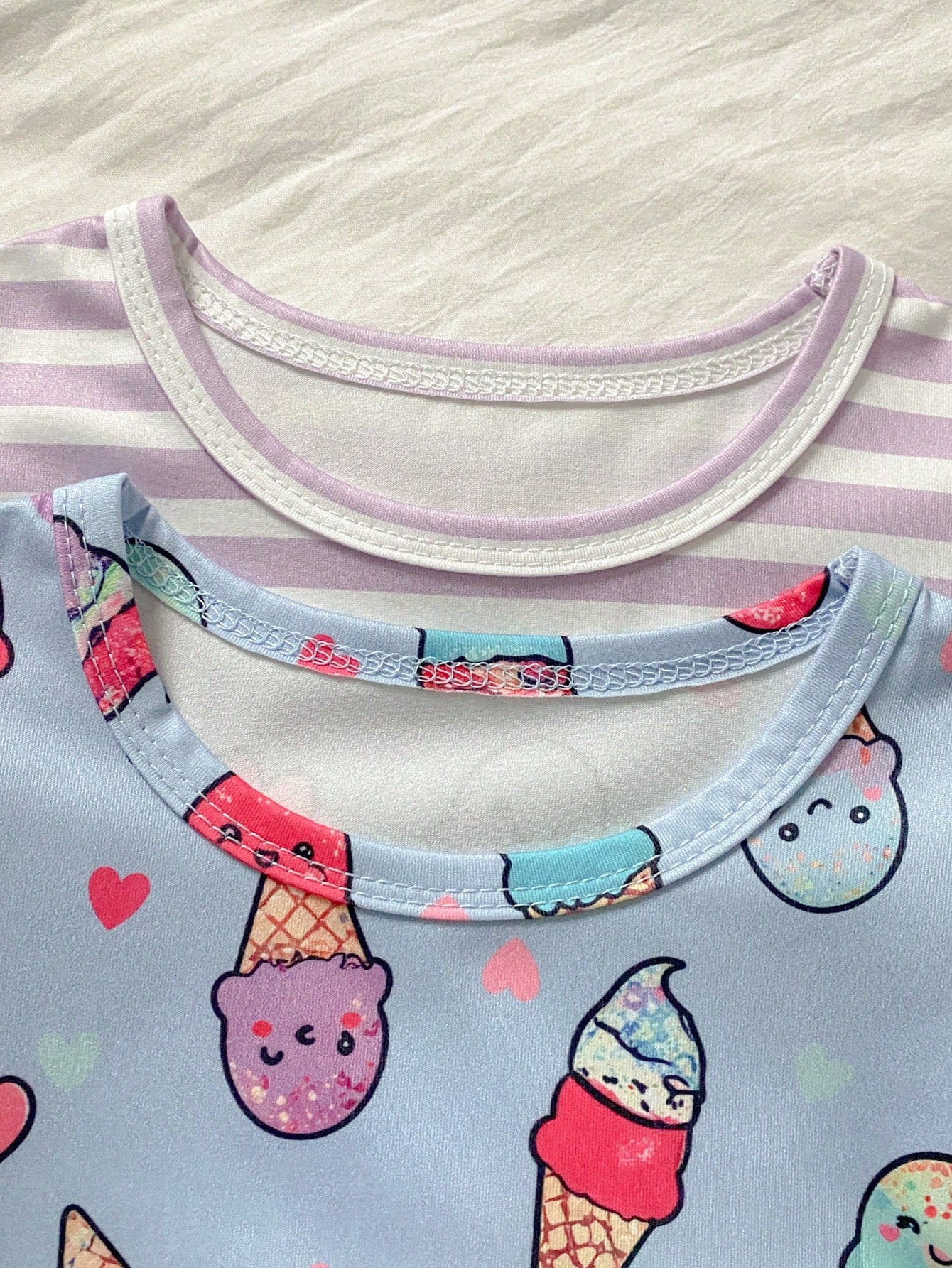 2-Piece Baby Girls Toddler Summer Light Blue Cute Cartoon Ice Cream & Purple Striped Nightgown Set,Short Flutter Sleeve Holiday Sleepwear Loungewear