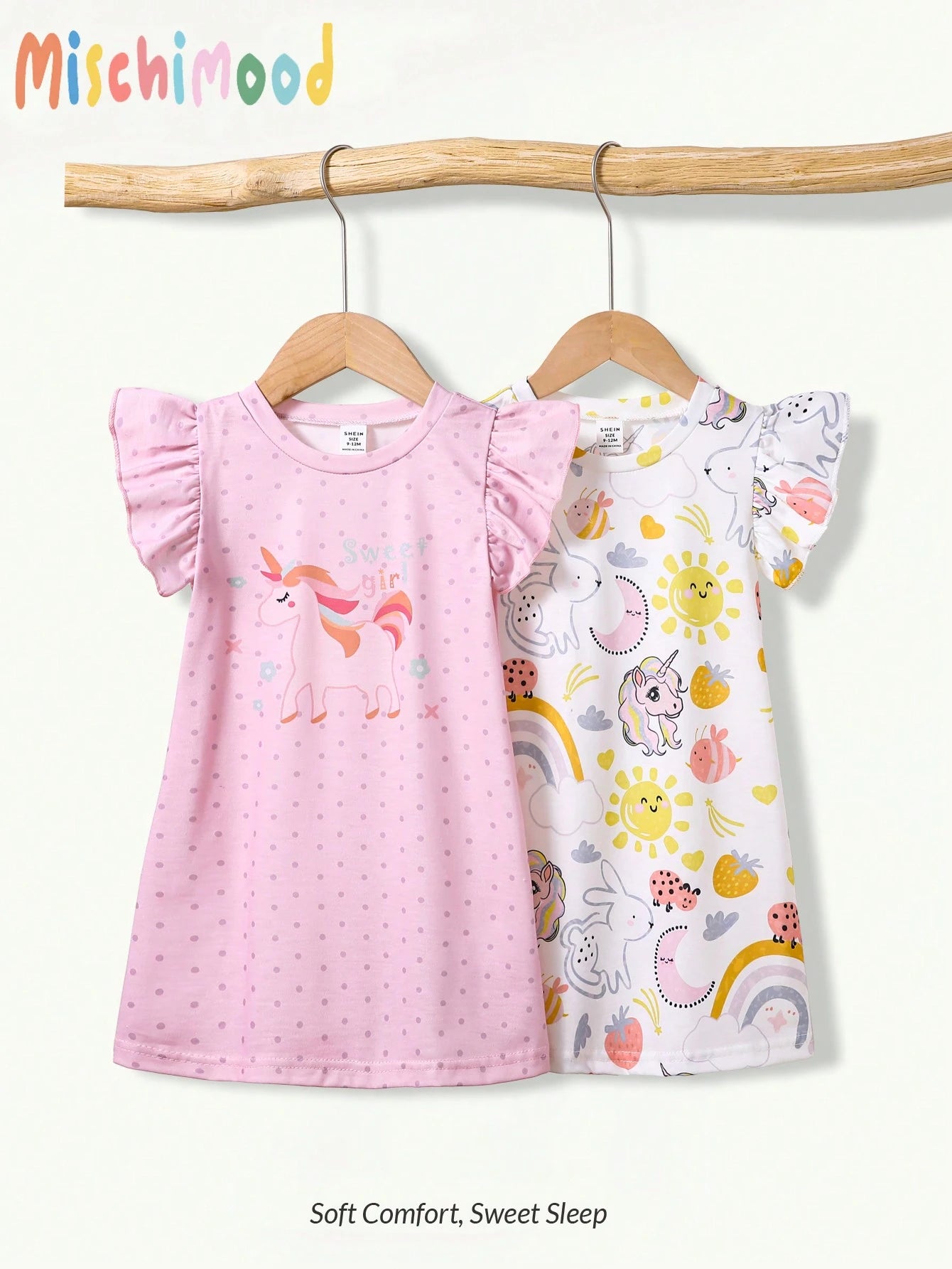2-Piece Baby Girls Toddler Summer Light Blue Cute Cartoon Ice Cream & Purple Striped Nightgown Set,Short Flutter Sleeve Holiday Sleepwear Loungewear