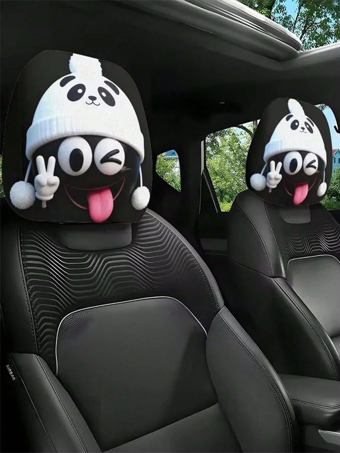 2 Sets Of Funny And Quirky White Smiling Face Hat-Printed Car Headrest Covers, Fashionable And Amusing Car Interior Accessories. They Are Free Of Filling Materials, Easy To Install And Clean. Suitable