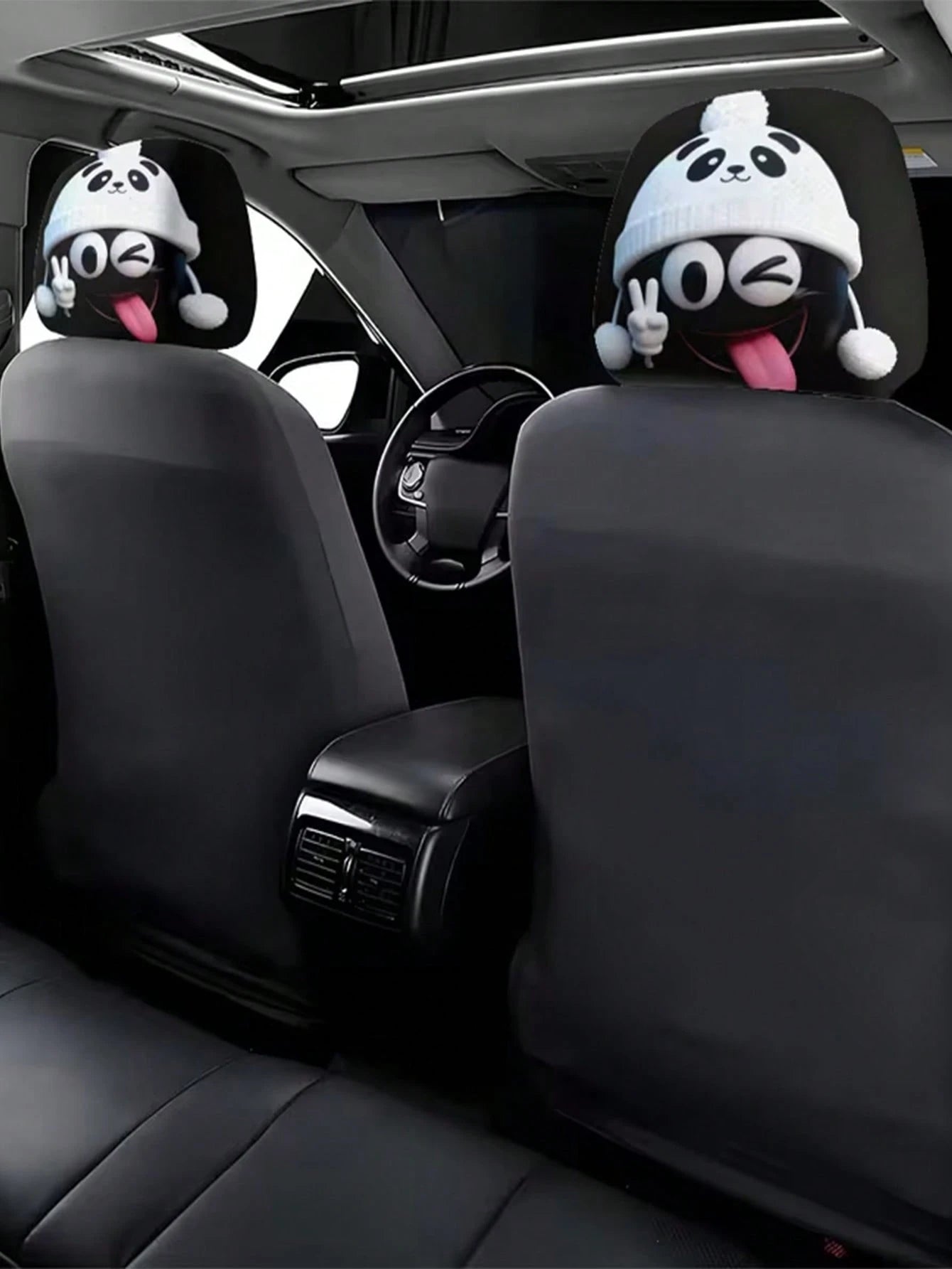 2 Sets Of Funny And Quirky White Smiling Face Hat-Printed Car Headrest Covers, Fashionable And Amusing Car Interior Accessories. They Are Free Of Filling Materials, Easy To Install And Clean. Suitable