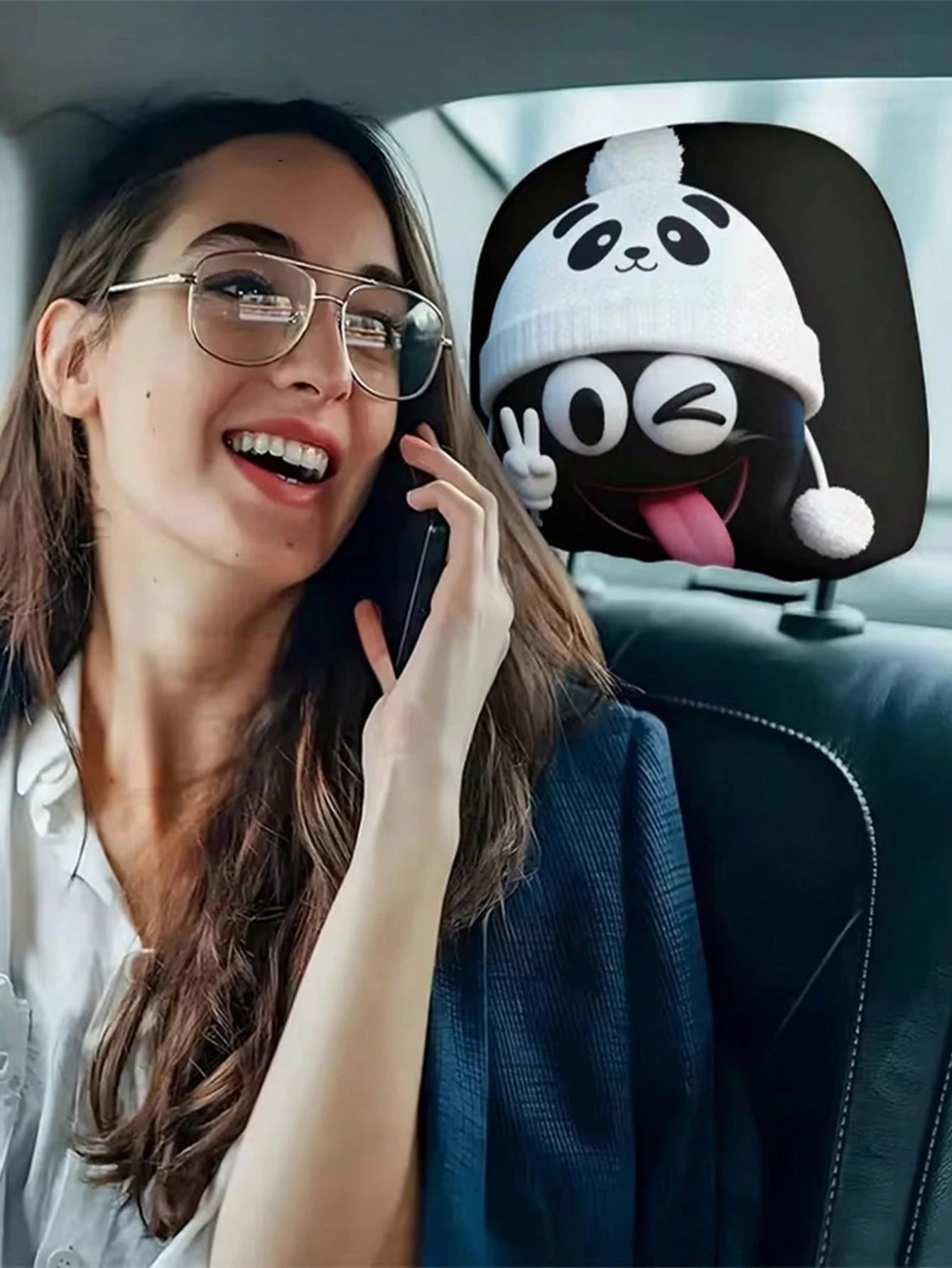 2 Sets Of Funny And Quirky White Smiling Face Hat-Printed Car Headrest Covers, Fashionable And Amusing Car Interior Accessories. They Are Free Of Filling Materials, Easy To Install And Clean. Suitable