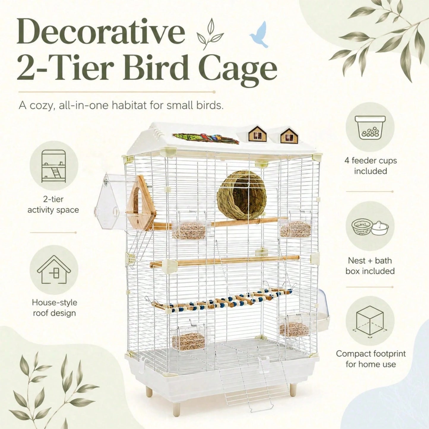 2-Tier Bird Cage With Stand, 18.5x11.8x30.3 Inch Large Parakeet Cage For Small Birds, White Metal Flight Cage With Climbing Ladder, Nest, 4 Food Boxes For Budgies Canaries Finches[A Good Gift For Fami