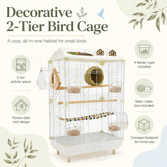 2-Tier Bird Cage With Stand, 18.5x11.8x30.3 Inch Large Parakeet Cage For Small Birds, White Metal Flight Cage With Climbing Ladder, Nest, 4 Food Boxes For Budgies Canaries Finches[A Good Gift For Fami