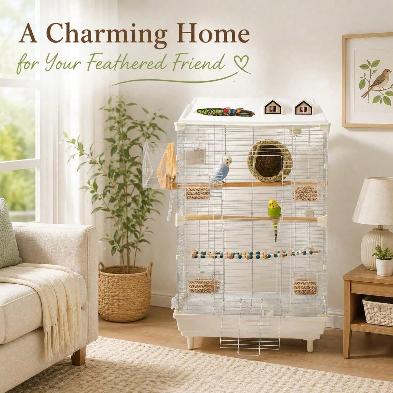 2-Tier Bird Cage With Stand, 18.5x11.8x30.3 Inch Large Parakeet Cage For Small Birds, White Metal Flight Cage With Climbing Ladder, Nest, 4 Food Boxes For Budgies Canaries Finches[A Good Gift For Fami