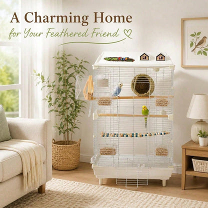 2-Tier Bird Cage With Stand, 18.5x11.8x30.3 Inch Large Parakeet Cage For Small Birds, White Metal Flight Cage With Climbing Ladder, Nest, 4 Food Boxes For Budgies Canaries Finches[A Good Gift For Fami