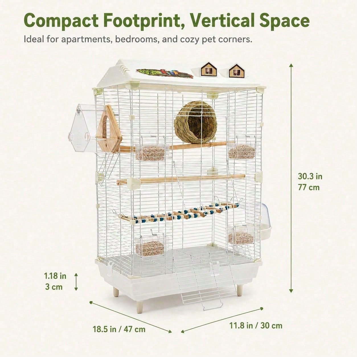 2-Tier Bird Cage With Stand, 18.5x11.8x30.3 Inch Large Parakeet Cage For Small Birds, White Metal Flight Cage With Climbing Ladder, Nest, 4 Food Boxes For Budgies Canaries Finches[A Good Gift For Fami