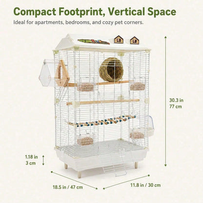 2-Tier Bird Cage With Stand, 18.5x11.8x30.3 Inch Large Parakeet Cage For Small Birds, White Metal Flight Cage With Climbing Ladder, Nest, 4 Food Boxes For Budgies Canaries Finches[A Good Gift For Fami