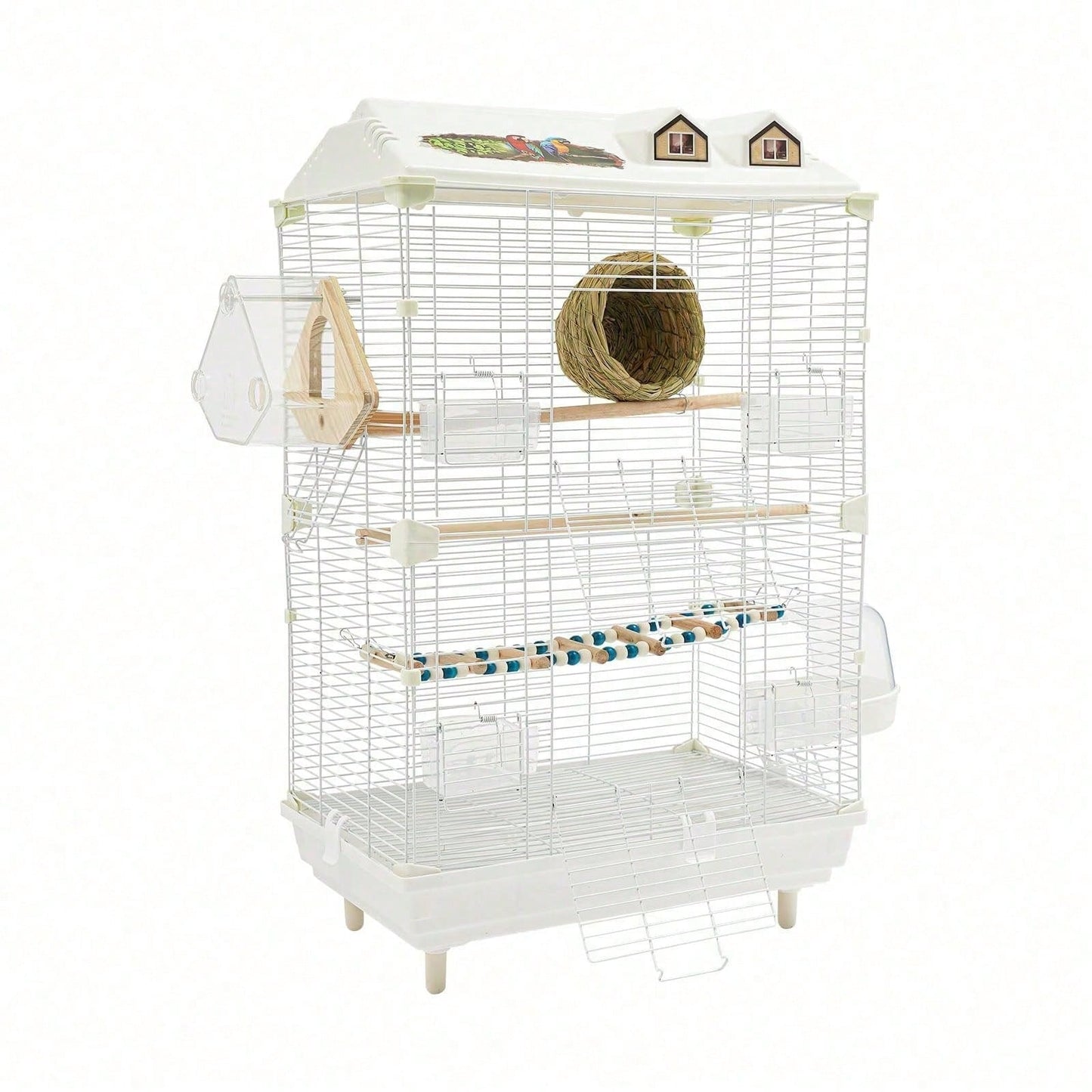 2-Tier Bird Cage With Stand, 18.5x11.8x30.3 Inch Large Parakeet Cage For Small Birds, White Metal Flight Cage With Climbing Ladder, Nest, 4 Food Boxes For Budgies Canaries Finches[A Good Gift For Fami