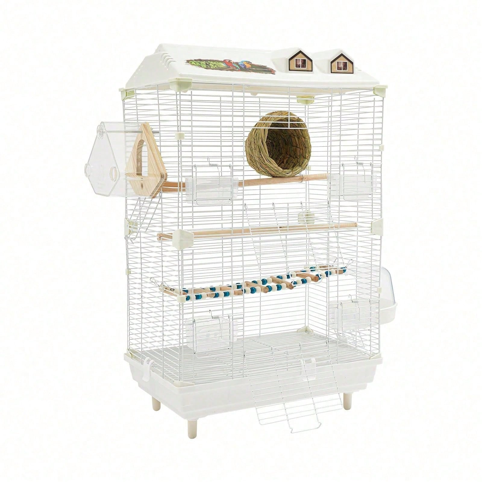 2-Tier Bird Cage With Stand, 18.5x11.8x30.3 Inch Large Parakeet Cage For Small Birds, White Metal Flight Cage With Climbing Ladder, Nest, 4 Food Boxes For Budgies Canaries Finches[A Good Gift For Fami