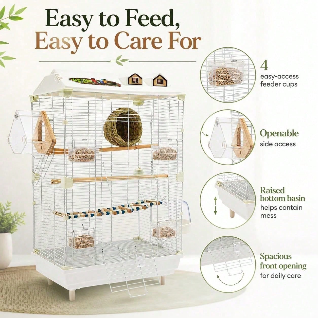 2-Tier Bird Cage With Stand, 18.5x11.8x30.3 Inch Large Parakeet Cage For Small Birds, White Metal Flight Cage With Climbing Ladder, Nest, 4 Food Boxes For Budgies Canaries Finches[A Good Gift For Fami
