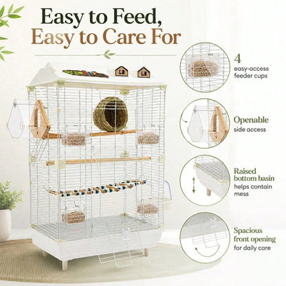 2-Tier Bird Cage With Stand, 18.5x11.8x30.3 Inch Large Parakeet Cage For Small Birds, White Metal Flight Cage With Climbing Ladder, Nest, 4 Food Boxes For Budgies Canaries Finches[A Good Gift For Fami