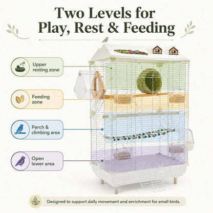 2-Tier Bird Cage With Stand, 18.5x11.8x30.3 Inch Large Parakeet Cage For Small Birds, White Metal Flight Cage With Climbing Ladder, Nest, 4 Food Boxes For Budgies Canaries Finches[A Good Gift For Fami