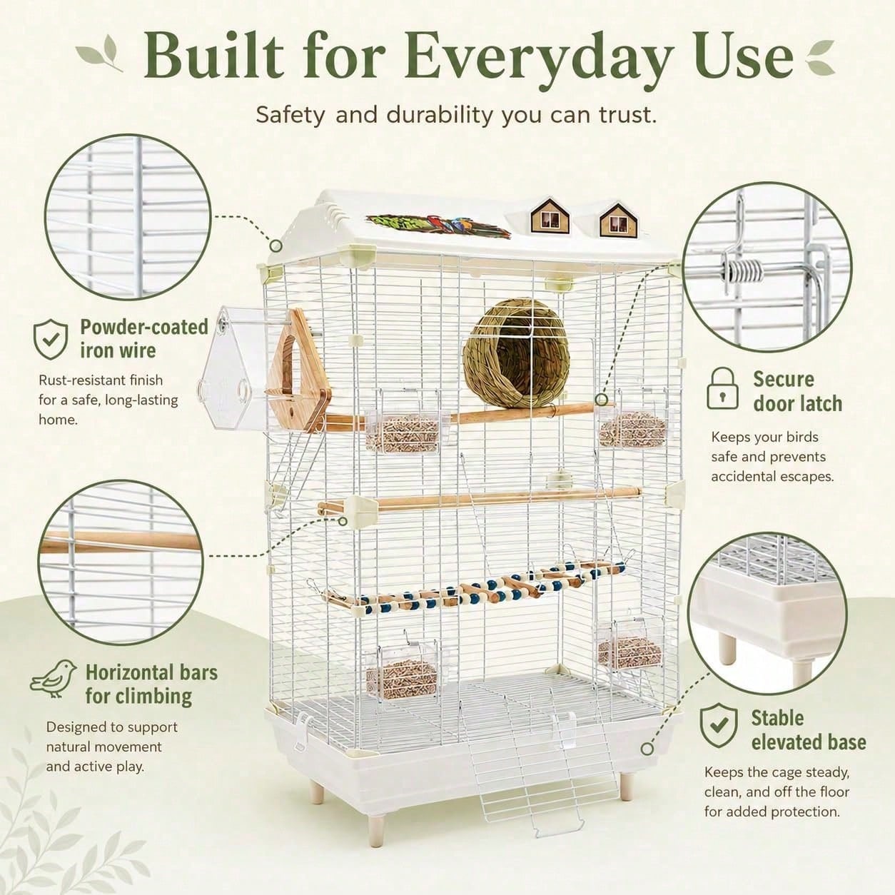 2-Tier Bird Cage With Stand, 18.5x11.8x30.3 Inch Large Parakeet Cage For Small Birds, White Metal Flight Cage With Climbing Ladder, Nest, 4 Food Boxes For Budgies Canaries Finches[A Good Gift For Fami