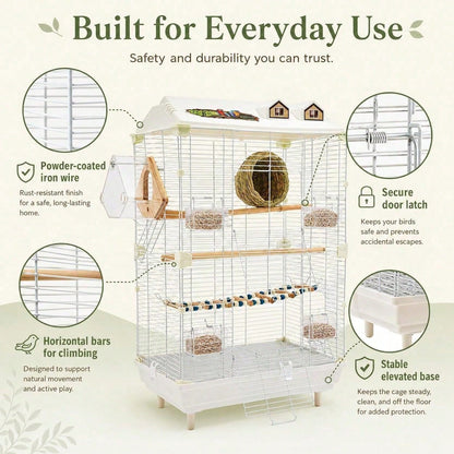 2-Tier Bird Cage With Stand, 18.5x11.8x30.3 Inch Large Parakeet Cage For Small Birds, White Metal Flight Cage With Climbing Ladder, Nest, 4 Food Boxes For Budgies Canaries Finches[A Good Gift For Fami