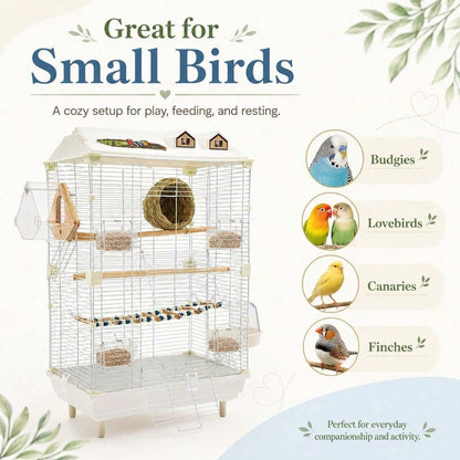 2-Tier Bird Cage With Stand, 18.5x11.8x30.3 Inch Large Parakeet Cage For Small Birds, White Metal Flight Cage With Climbing Ladder, Nest, 4 Food Boxes For Budgies Canaries Finches[A Good Gift For Fami