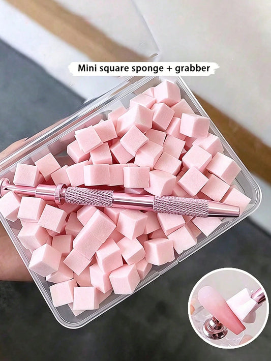 200pcs/100pcs Mini Sponge Blocks With 4-Prong Tweezers, Nail Art Gradient Color Sponge, Gradient Nail Polish Tool