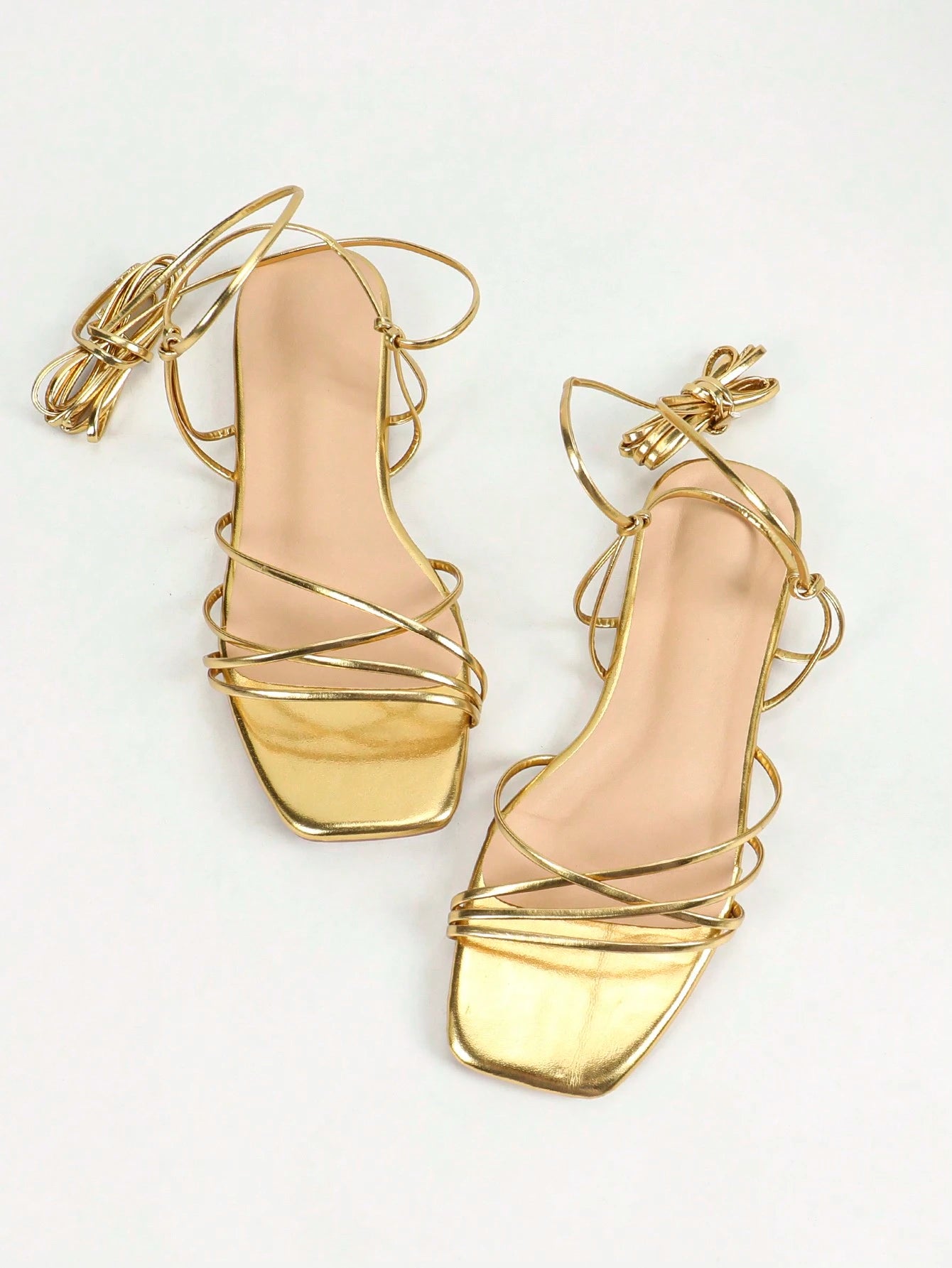 2024 Women's Casual, Homewear, Beach, Minimalist Collegiate Style, Gold-Colored Texture, Sexy Tie-Up Flat Sandals