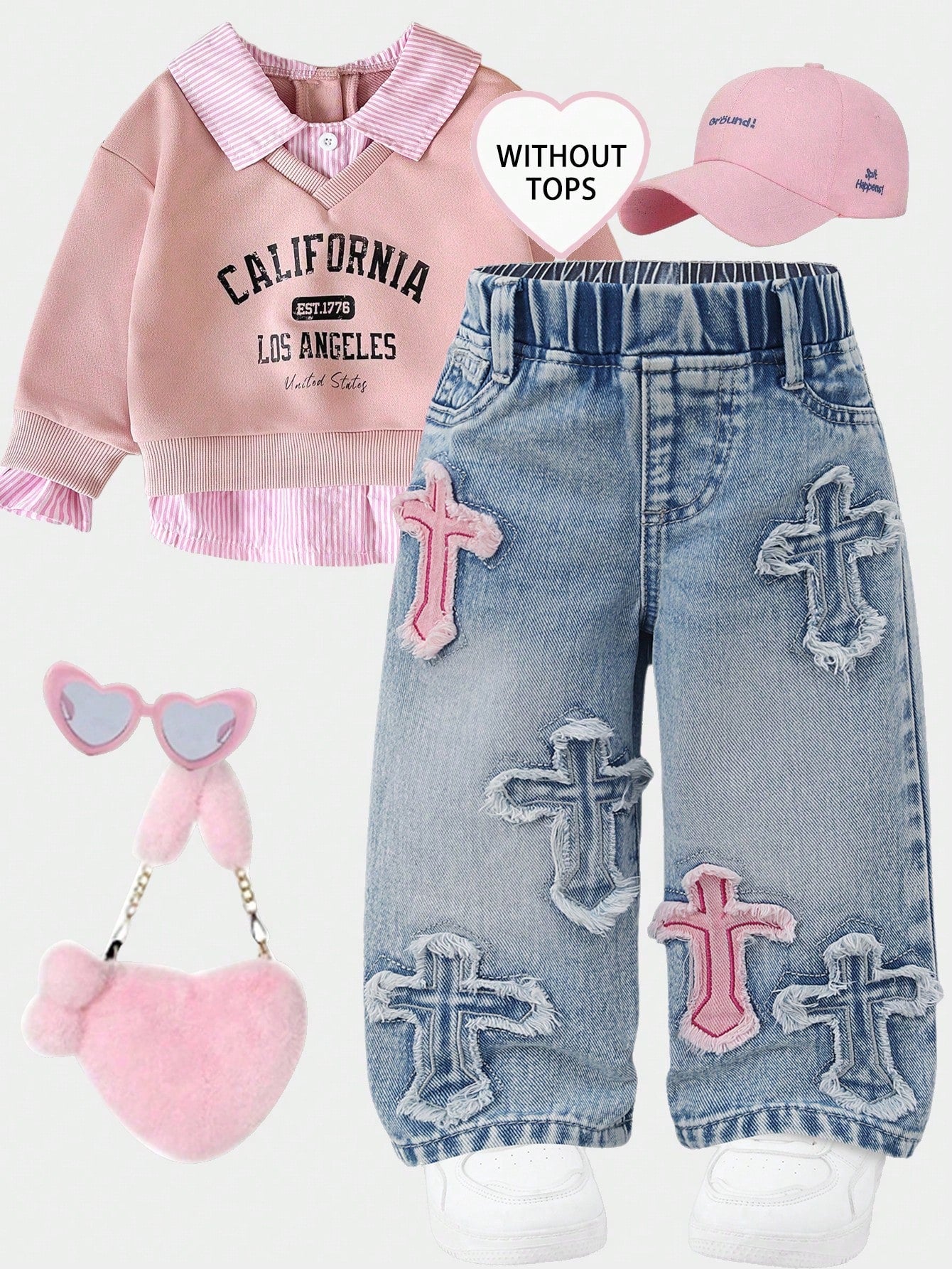2025 Autumn Baby Girl Cute Cross Applique Straight Leg Jeans,Vintage Distressed Denim Set,Pink And Blue Casual Back-To-School,Retro Christian Clothes