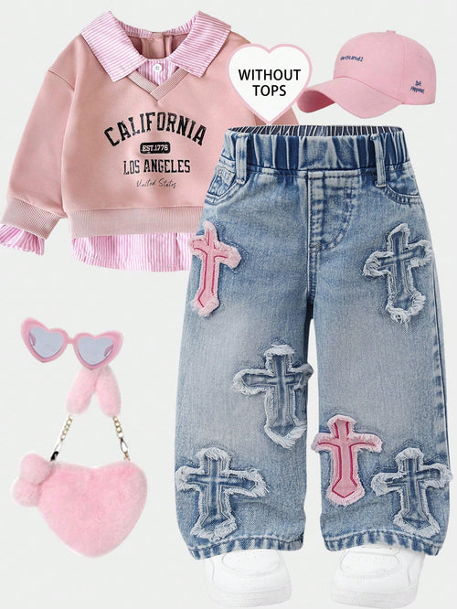 2025 Autumn Baby Girl Cute Cross Applique Straight Leg Jeans,Vintage Distressed Denim Set,Pink And Blue Casual Back-To-School,Retro Christian Clothes