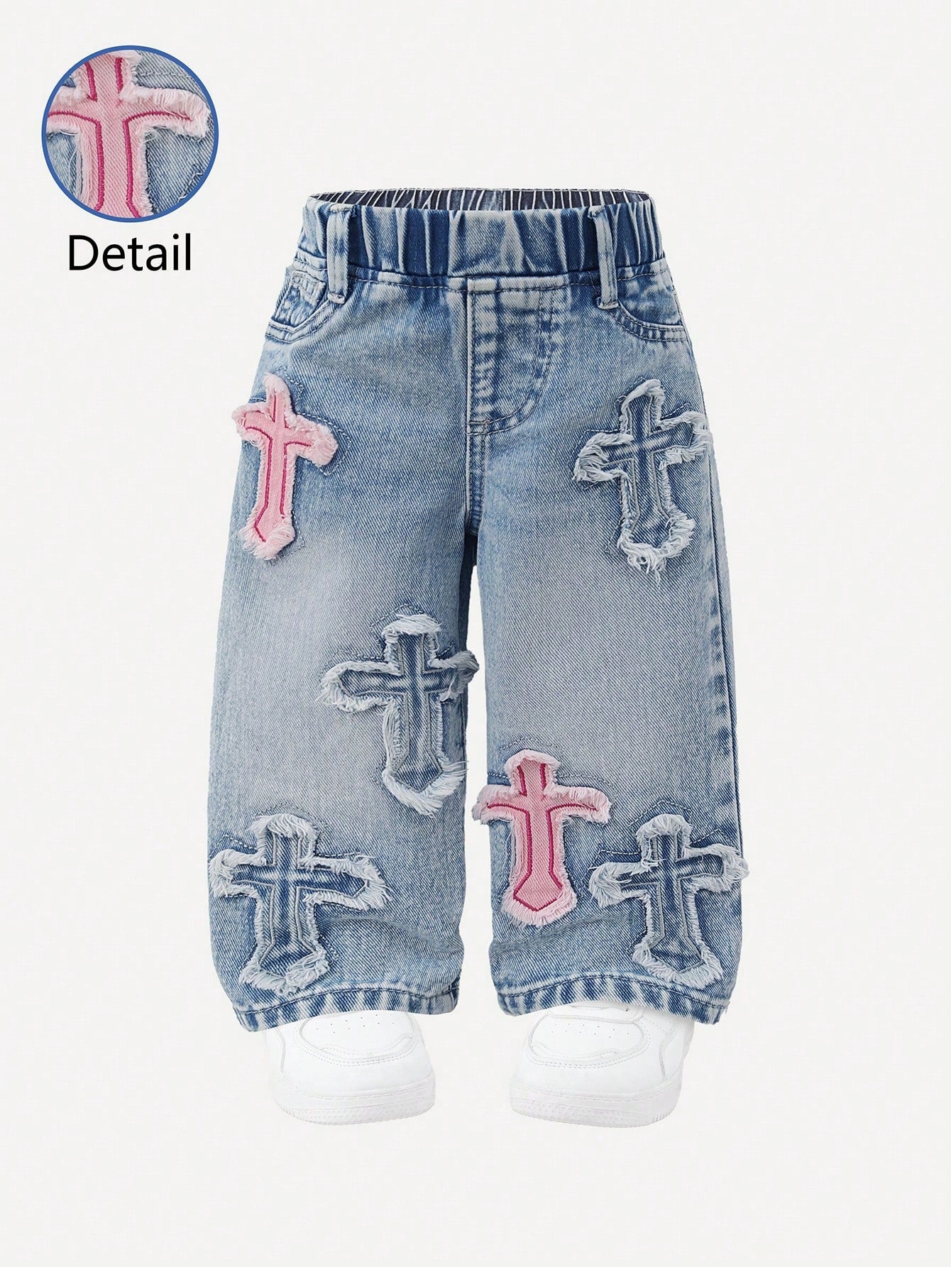 2025 Autumn Baby Girl Cute Cross Applique Straight Leg Jeans,Vintage Distressed Denim Set,Pink And Blue Casual Back-To-School,Retro Christian Clothes