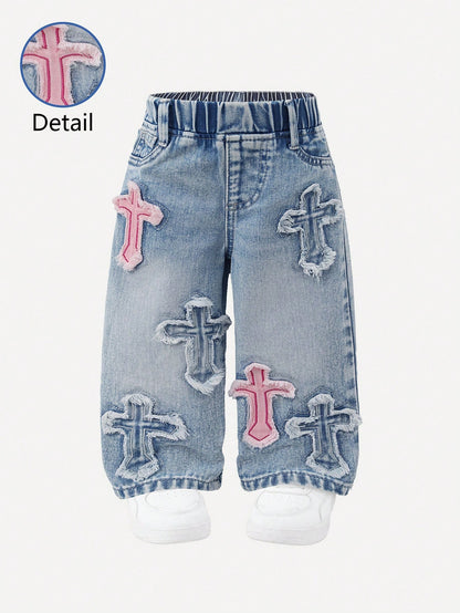2025 Autumn Baby Girl Cute Cross Applique Straight Leg Jeans,Vintage Distressed Denim Set,Pink And Blue Casual Back-To-School,Retro Christian Clothes