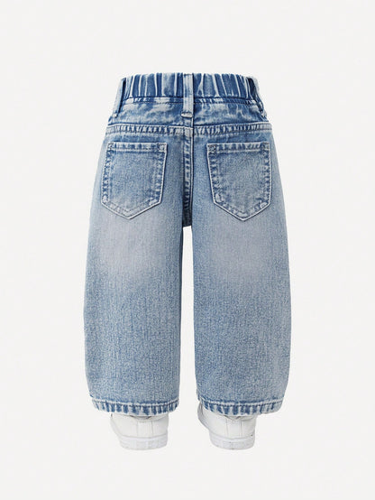 2025 Autumn Baby Girl Cute Cross Applique Straight Leg Jeans,Vintage Distressed Denim Set,Pink And Blue Casual Back-To-School,Retro Christian Clothes