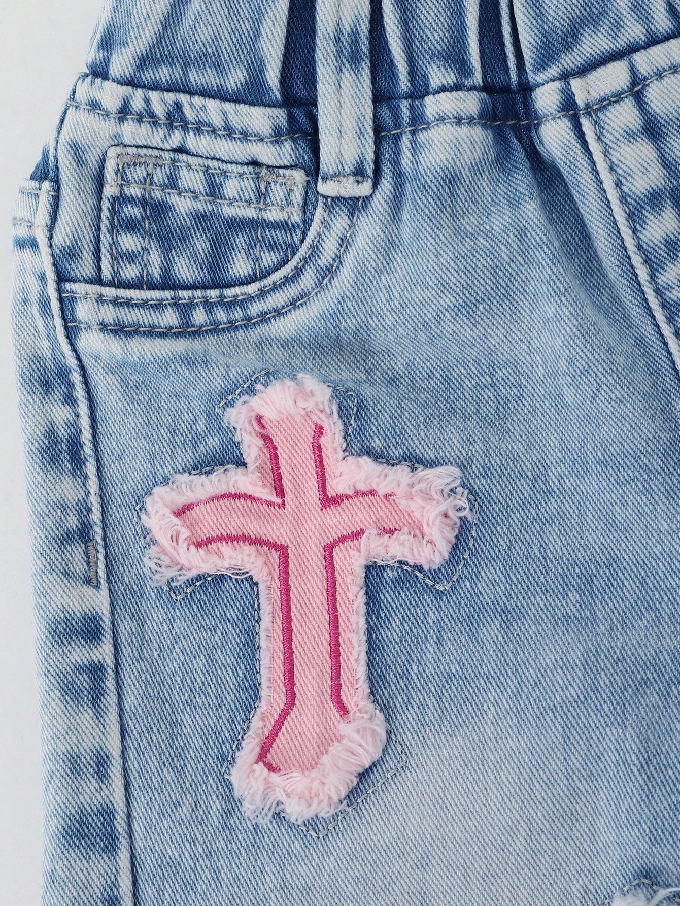 2025 Autumn Baby Girl Cute Cross Applique Straight Leg Jeans,Vintage Distressed Denim Set,Pink And Blue Casual Back-To-School,Retro Christian Clothes