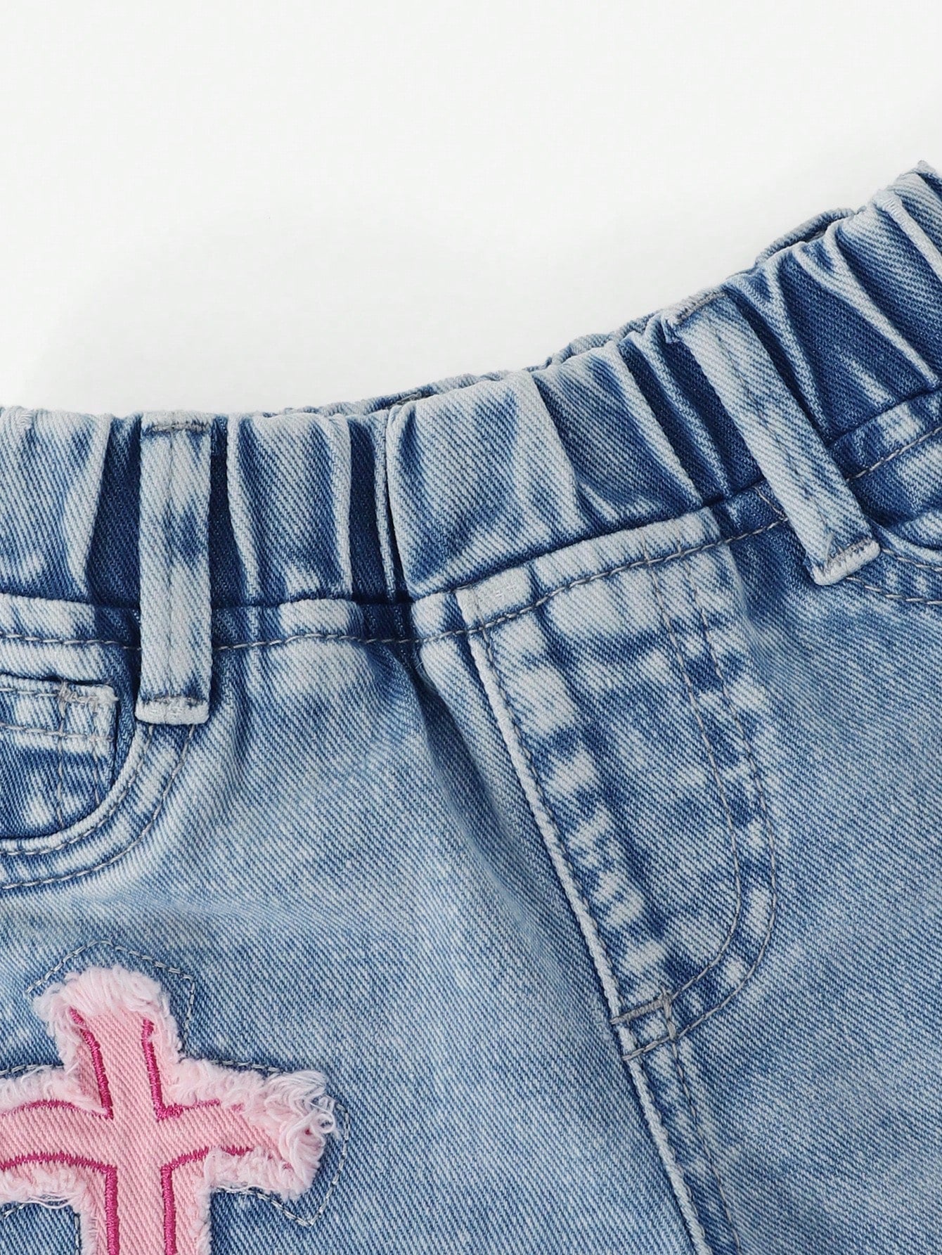 2025 Autumn Baby Girl Cute Cross Applique Straight Leg Jeans,Vintage Distressed Denim Set,Pink And Blue Casual Back-To-School,Retro Christian Clothes