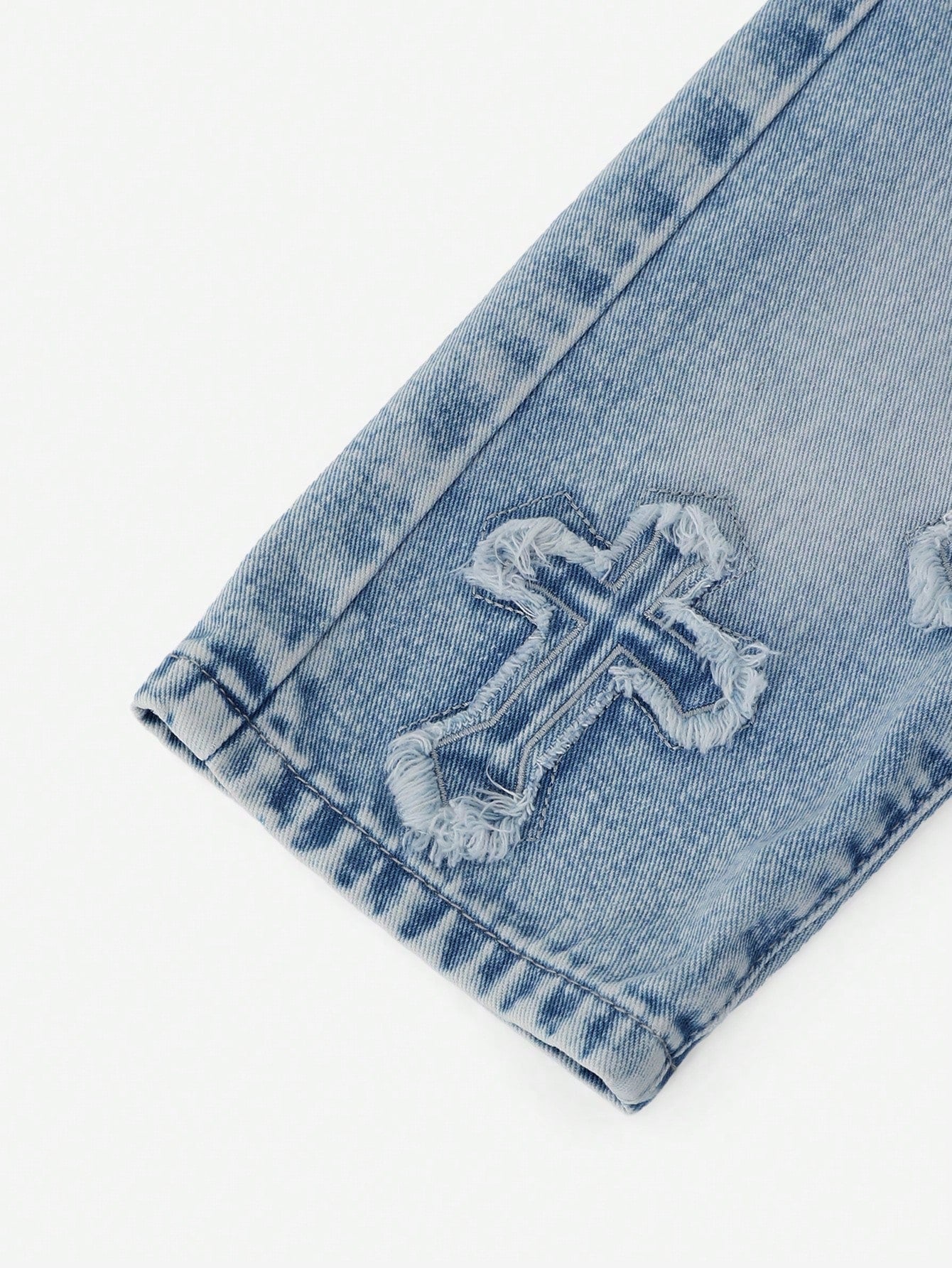2025 Autumn Baby Girl Cute Cross Applique Straight Leg Jeans,Vintage Distressed Denim Set,Pink And Blue Casual Back-To-School,Retro Christian Clothes