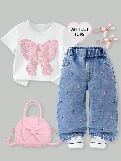 2025 Autumn Baby Girl Cute Cross Applique Straight Leg Jeans,Vintage Distressed Denim Set,Pink And Blue Casual Back-To-School,Retro Christian Clothes